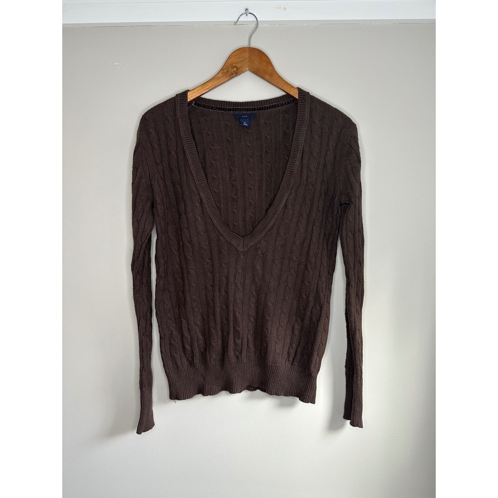 GAP Cable Knit Sweater Women‎ M Brown Y2K Angora Blend Deep V-Neck Soft Pullover